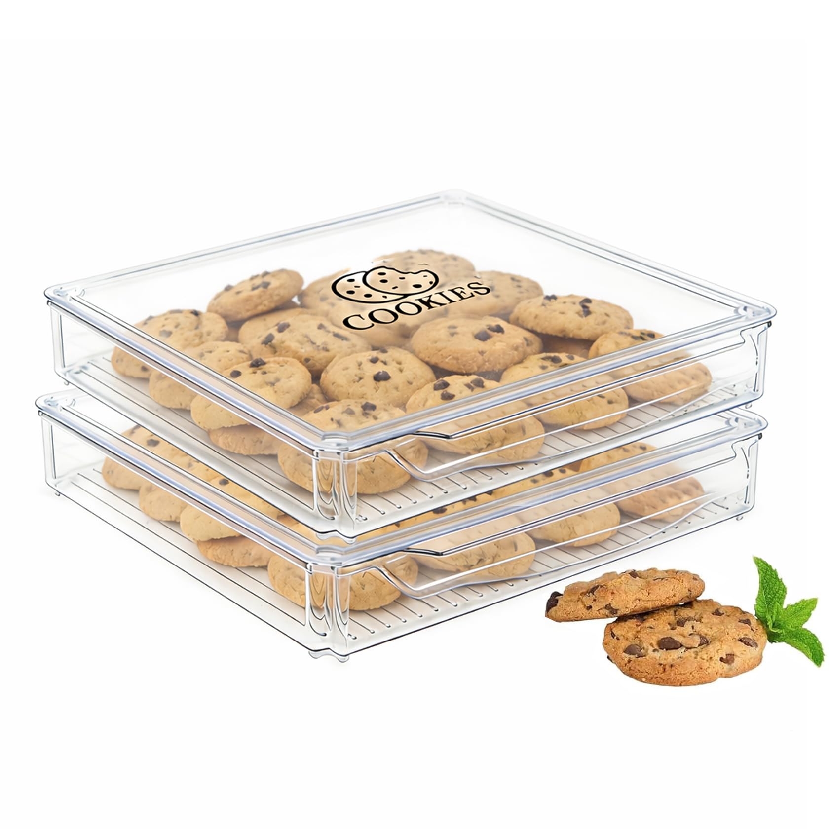 Cajas de galletas – 2 juntas cuadradas grandes – Recipiente apilable para aperitivos, para guardar y organizar galletas horneadas, verduras, dulces, transparentes, 30 x 30 x 5 cm