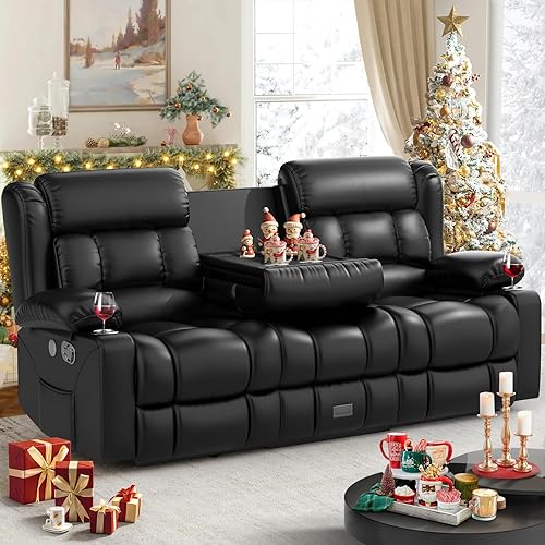 Loveseat Recliner Sofa, Flip Middle Backrest Design PU Leather 3 Seat Reclining Sofa with Storage Drawer, Manual Couch for Living Room/RV (Black, PU)