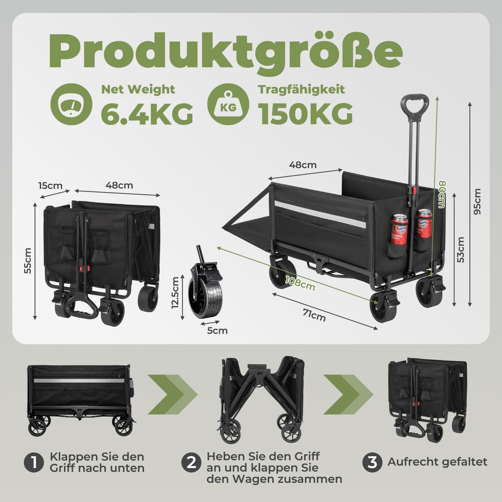 Bollerwagen Faltbar 120L+, Bis 150kg mit Heckklappe, Regenschutz, Bremsen | Reflektorstreifen, Strandwagen Klappbar, Faltbarer Bollerwagen Für Hunde, Einkaufen, Camping, Strand, Transport, Outdoor