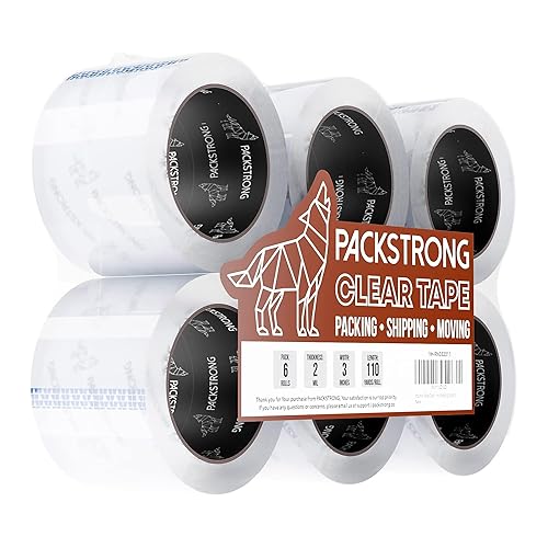 Packstrong Cinta de embalaje transparente de grado industrial 6 rollos 110 yardas por rollo 3 pulgadas de ancho x 2 mil de grosor cinta adhesiva Packstrong Cinta de embalaje transparente de grado industrial 6 rollos 110 yardas por rollo 3 pulgadas de ancho x 2 mil de grosor cinta adhesiva