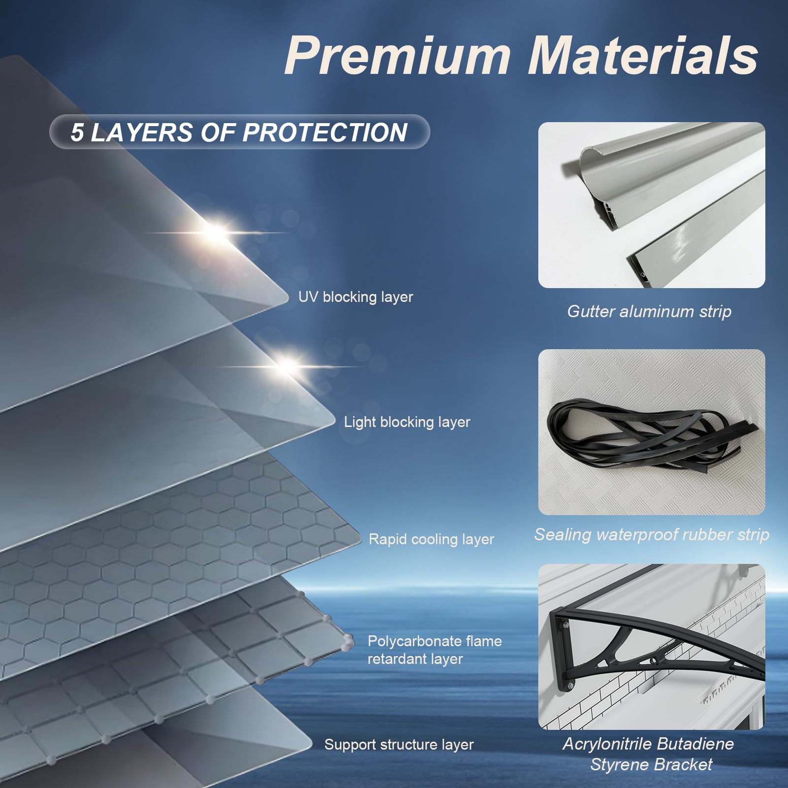 Vordach für Haustür mit separater Entwässerung, 200x80cm-Fenstervordach, Robuste Polycarbonat Pultvordach Überdachung für UV-, Regen- und Schneeschutz, ideal für Veranda