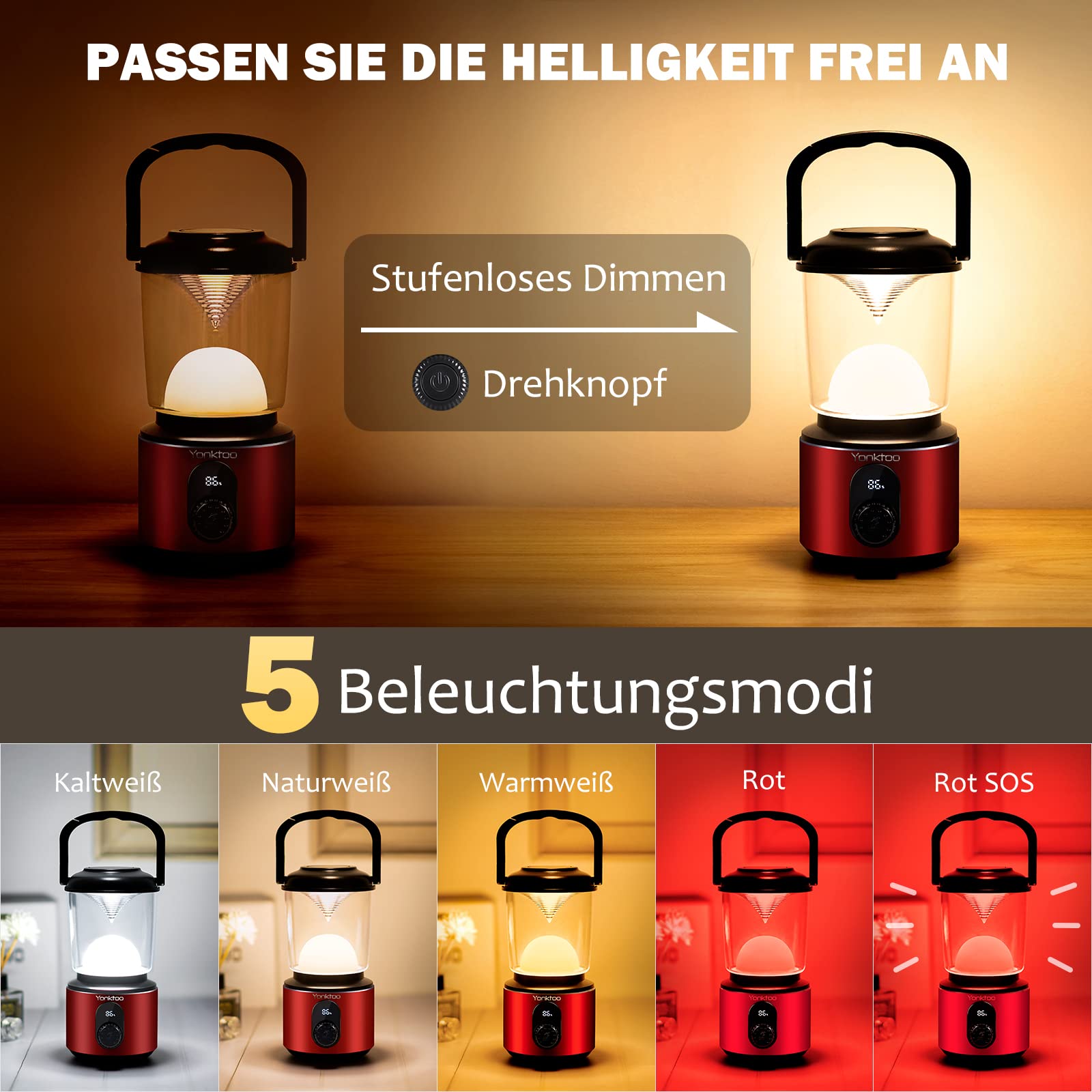 Yonktoo Oświetlenie kempingowe, 10400 mAh, latarnia kempingowa, USB-C z ekranem LED, lampa kempingowa działa 350 godzin, 5 trybów świecenia, wodoodporne światła namiotowe do wędkowania, wędrówek