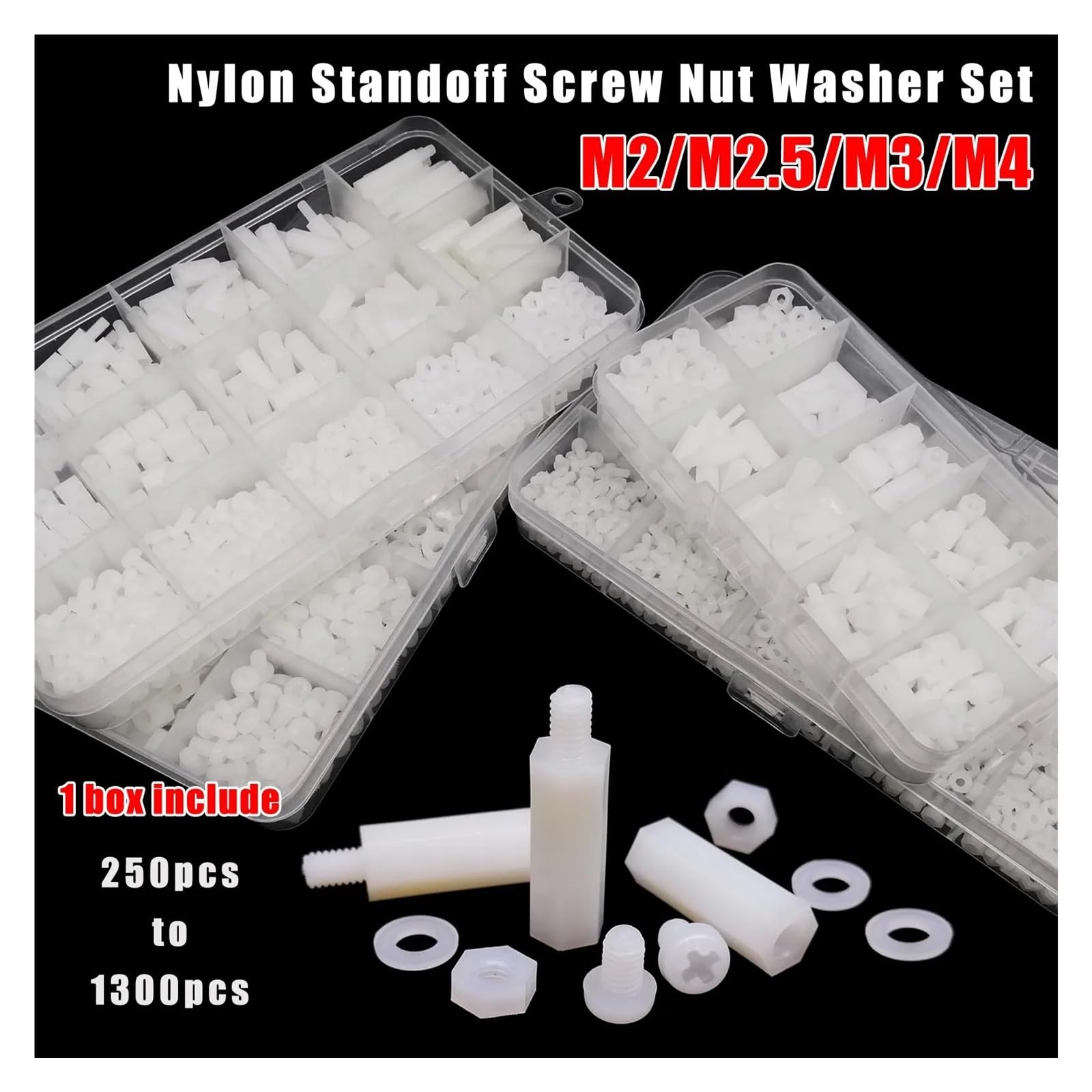 1 Scatola di distanziali esagonali isolati in Nylon, distanziali esagonali, Viti, Dadi e rondelle, Kit assortimento M2, M2,5, M3, M4, plastica Bianca(M2 1300pcs)