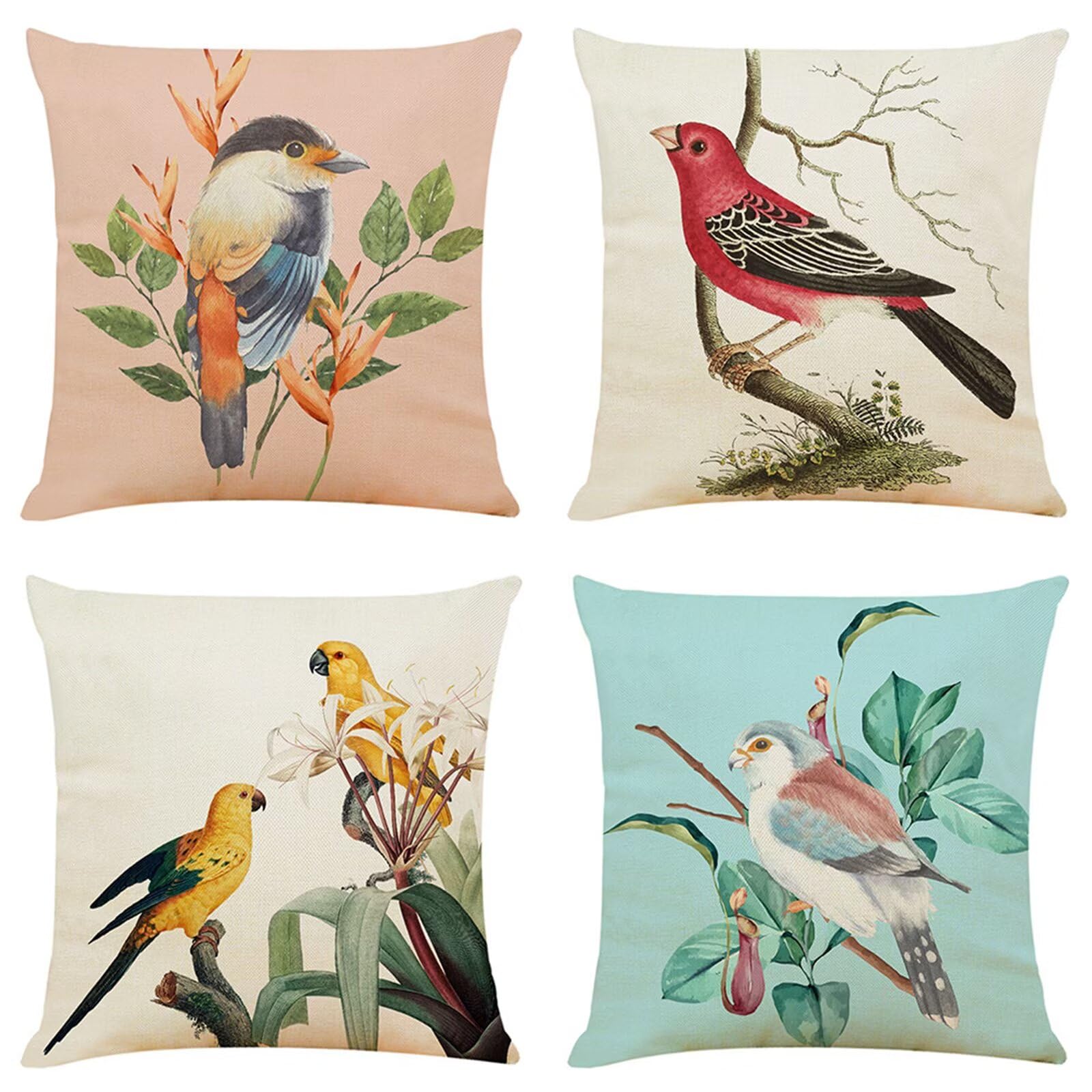 Juego de 4 Impermeable Funda de Cojín Plantas y Aves,65x65cm Moderno Suave Transpirables Lino Fundas de Almohada Cojines Decorativos con Cremallera Oculta para Exterior Sofá Cama Coche Hogar
