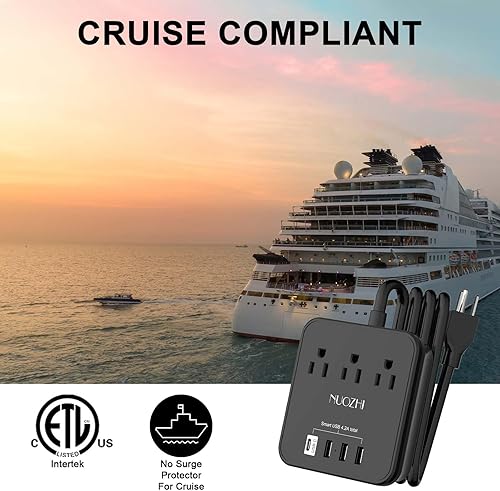 Miniatura 4 de Cruise Essentials, regleta de alimentación de 10 pies con 3 salidas y 4 puertos USB (1 USB C), protector sin sobretensiones para cruceros, viajes,