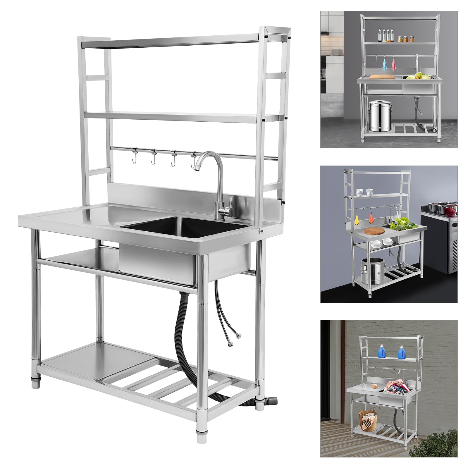 Lavandino da ristorante con ripiano a più livelli, multifunzione, in acciaio inox, commerciale, in acciaio inox, per la cucina e la gastronomia