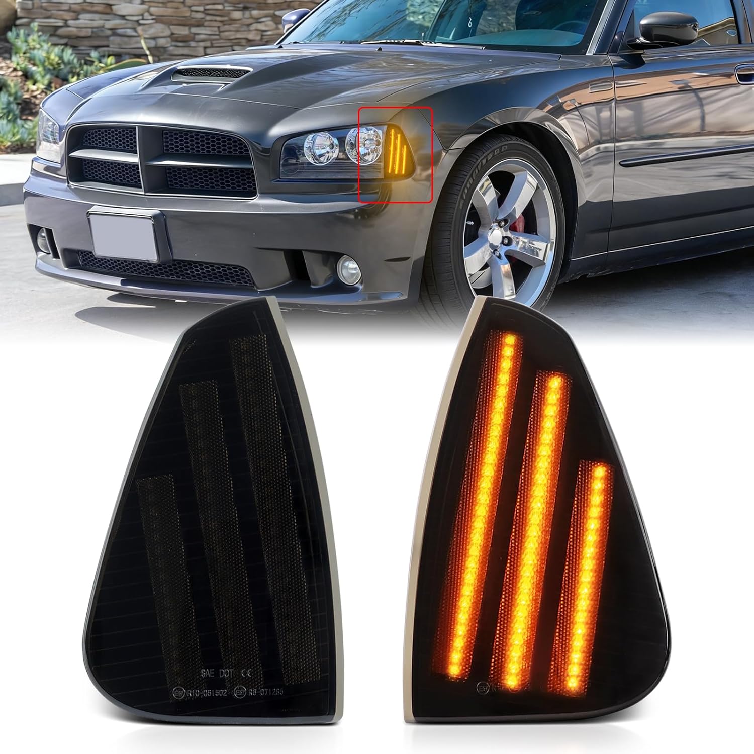 White Front Bumper LED Side Marker Lights Assembly for 2006-2010 Dodge Charger Daytona RT SE SRT8 SXT, Smoked Lens Driver Passenger Corner Signal Lamps