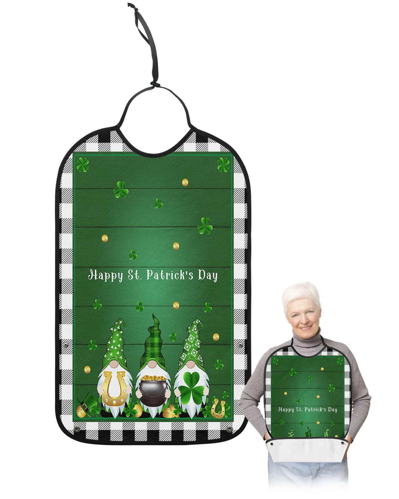 St. Patrick's Day Adult Bibs for Eating, Waterproof Bibs with Food Catcher & Adjustable Snap Closure, Black White Checkered Gnomes Clover Gold on Green Wood Clothing Protectors Adult Bibs for Elderly
