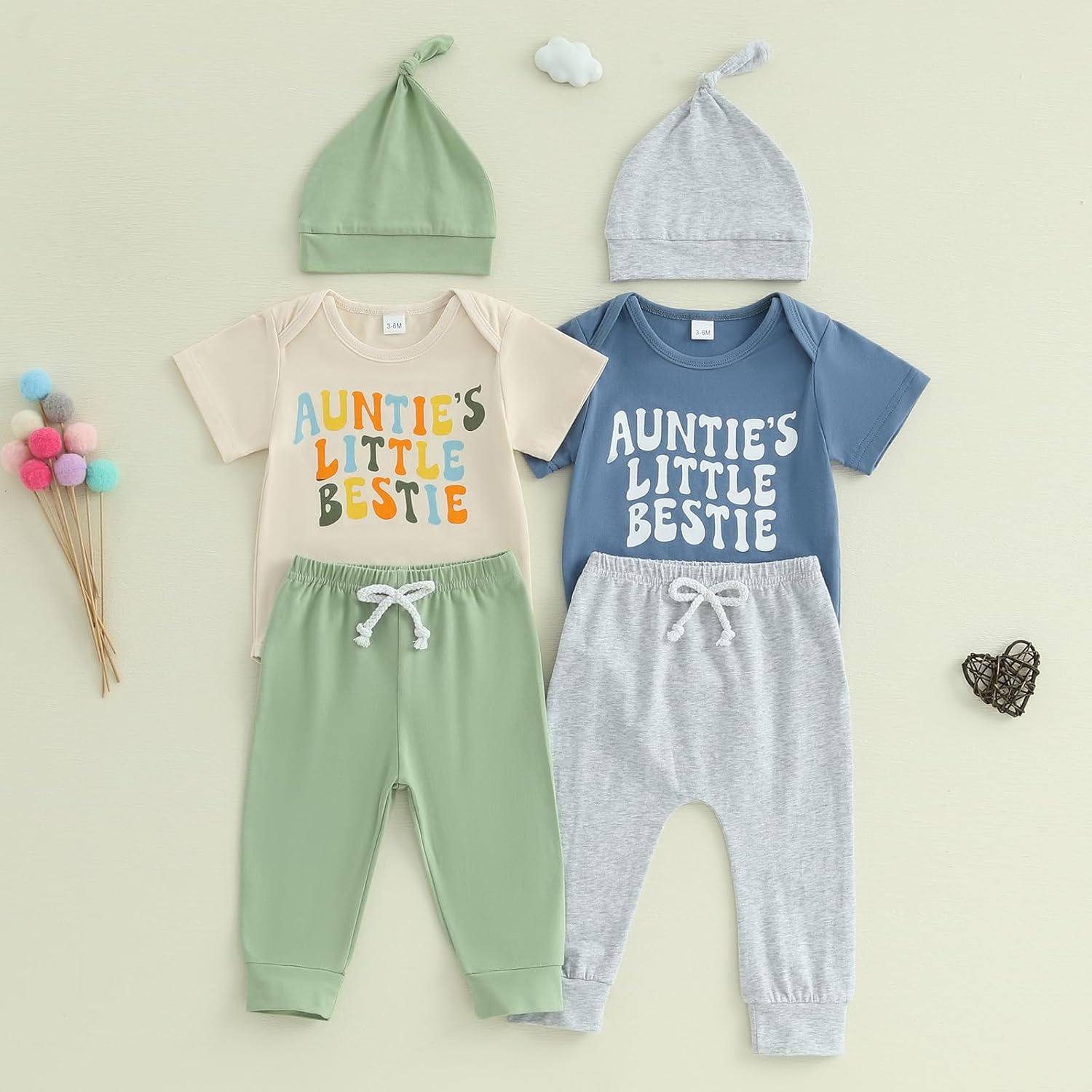 SAYOO Aunties Bestie Baby Clothes Gender Neutral Unisex Funny Letter Bodysuit Romper Solid Leggings Pants Hat 3Pcs Outfits - Image 2