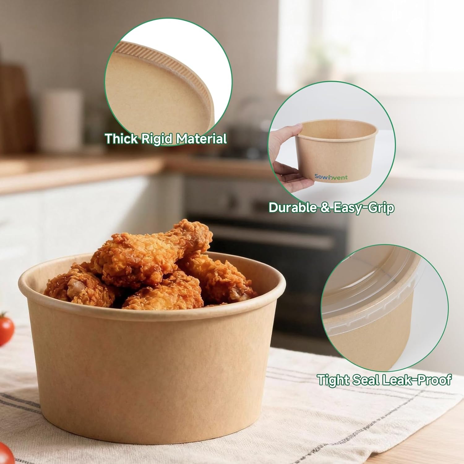 25 oz Disposable Kraft Paper Bowls with Lids and Spoon, 48 Sets Meal Prep Containers, Leak Proof for Hot/Cold Soup, Salad, Ice Cream, Dessert, Food Bowls