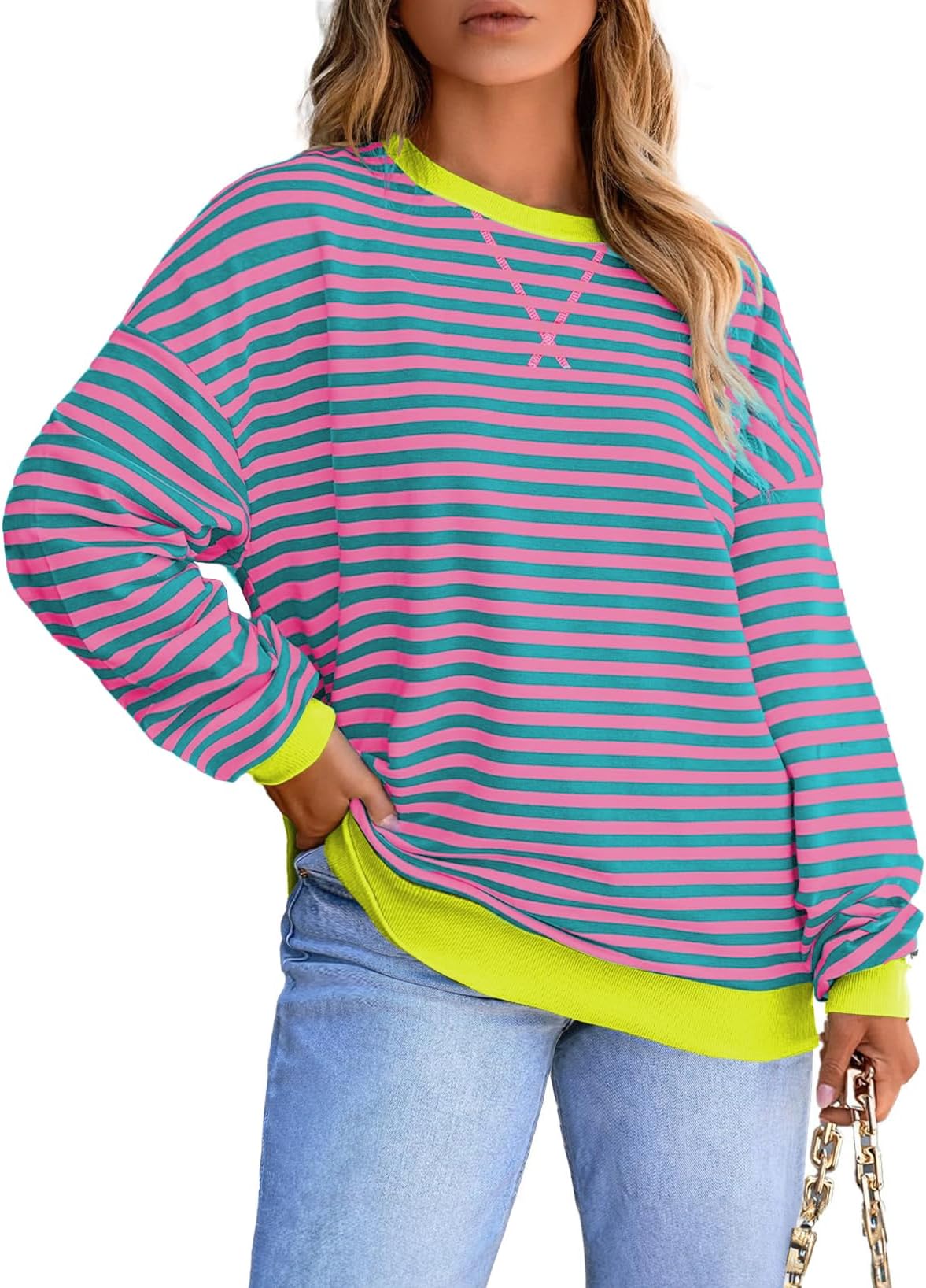 Women Plus Size Sweatshirt Striped Color Block Crew Neck Pullover Tops Long Sleeve Casual Shirt(1X-5X)