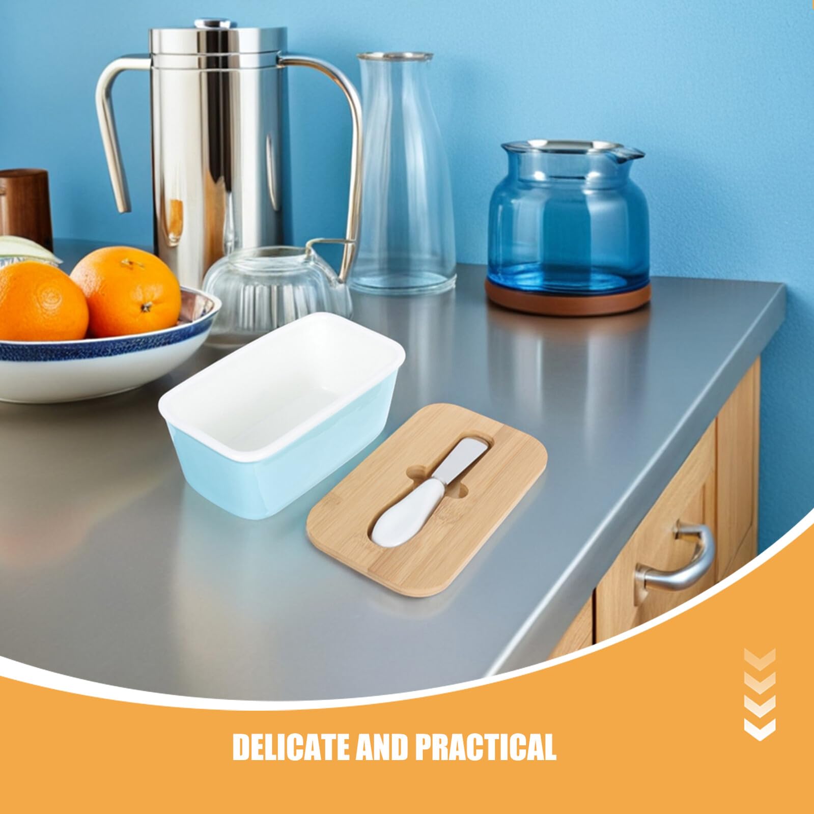 Veemoon Beurrier Rectangulaire en Céramique 600 Ml avec Couvercle Hermétique en Bois et Couteau Intégré Beurrier Décoratif pour Réfrigérateur Cuisine Conservation Optimale du Beurre et