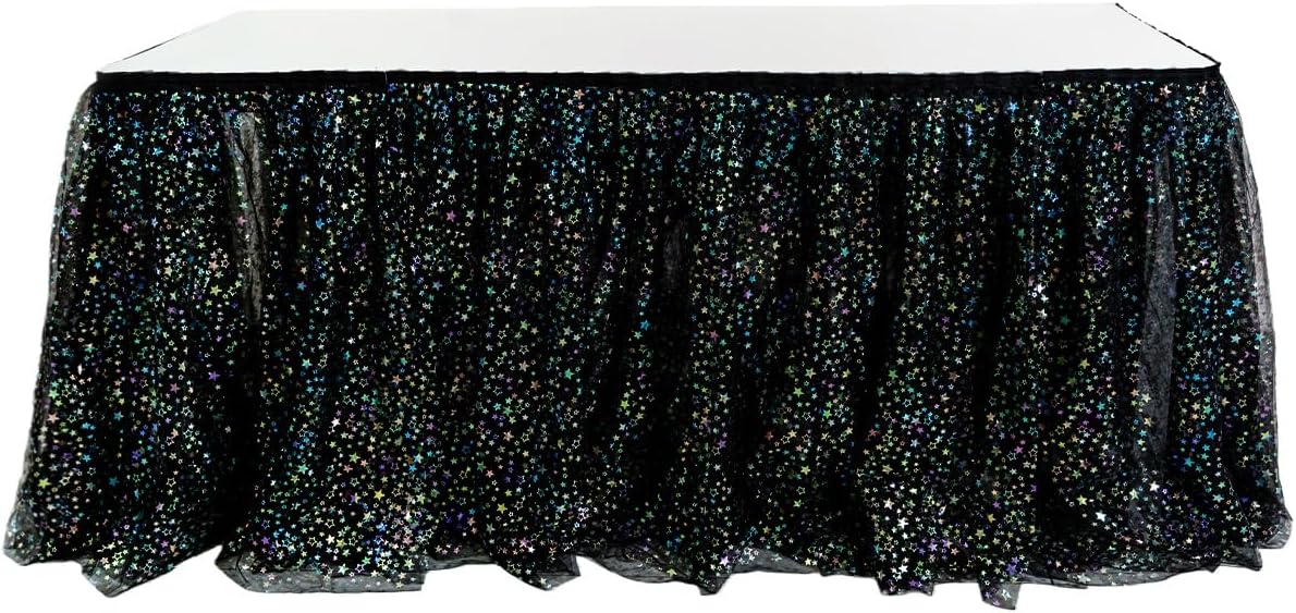 Black Star Tulle Table Skirt 6ft Chiffon Tablecloth for Birthday Party Decorations Baby Shower Girls Parties Cake Dessert Table Decorations 2 Pack