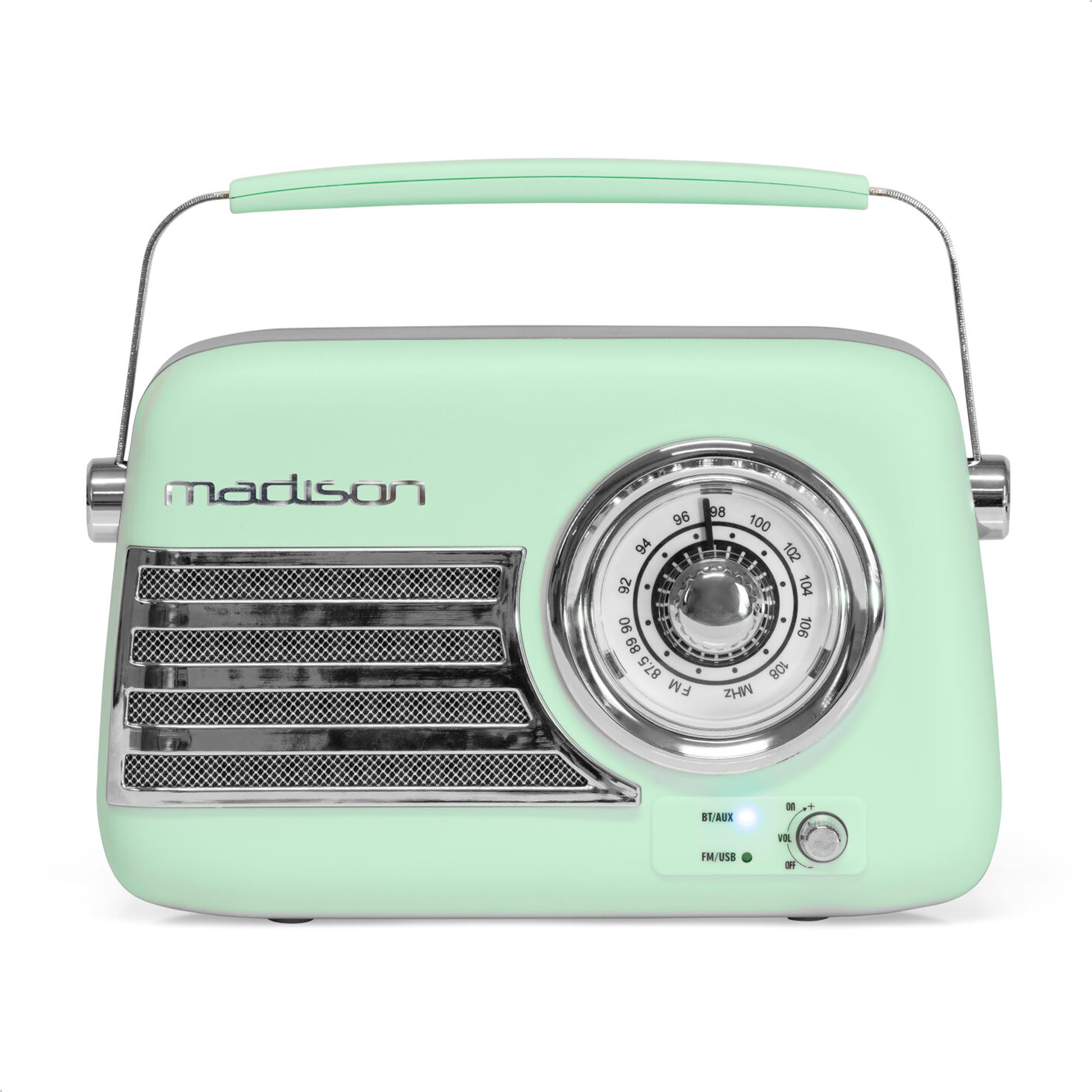 Madison - FREESOUND-VR40GR-MAT - Radio Vintage 30W sur Batterie Longue autonomie - Bluetooth, USB & FM - Vert pâle Mat - Vintage, Nostalgie, rétro