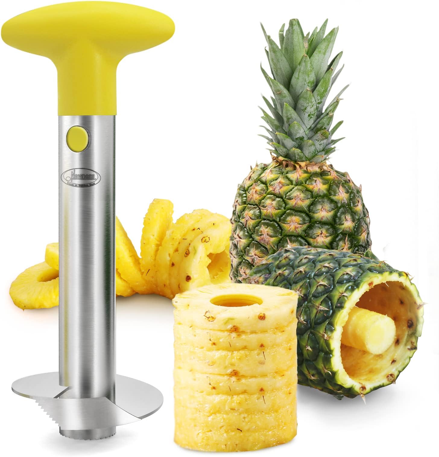 Pineapple Corer, [Upgraded, Reinforced, Thicker Blade] Newness Premium Pineapple Corer Remover, Stainless Steel Pineapple Core Remover Kitchen Tool with Sharp Blade for Diced Fruit Rings, Yellow