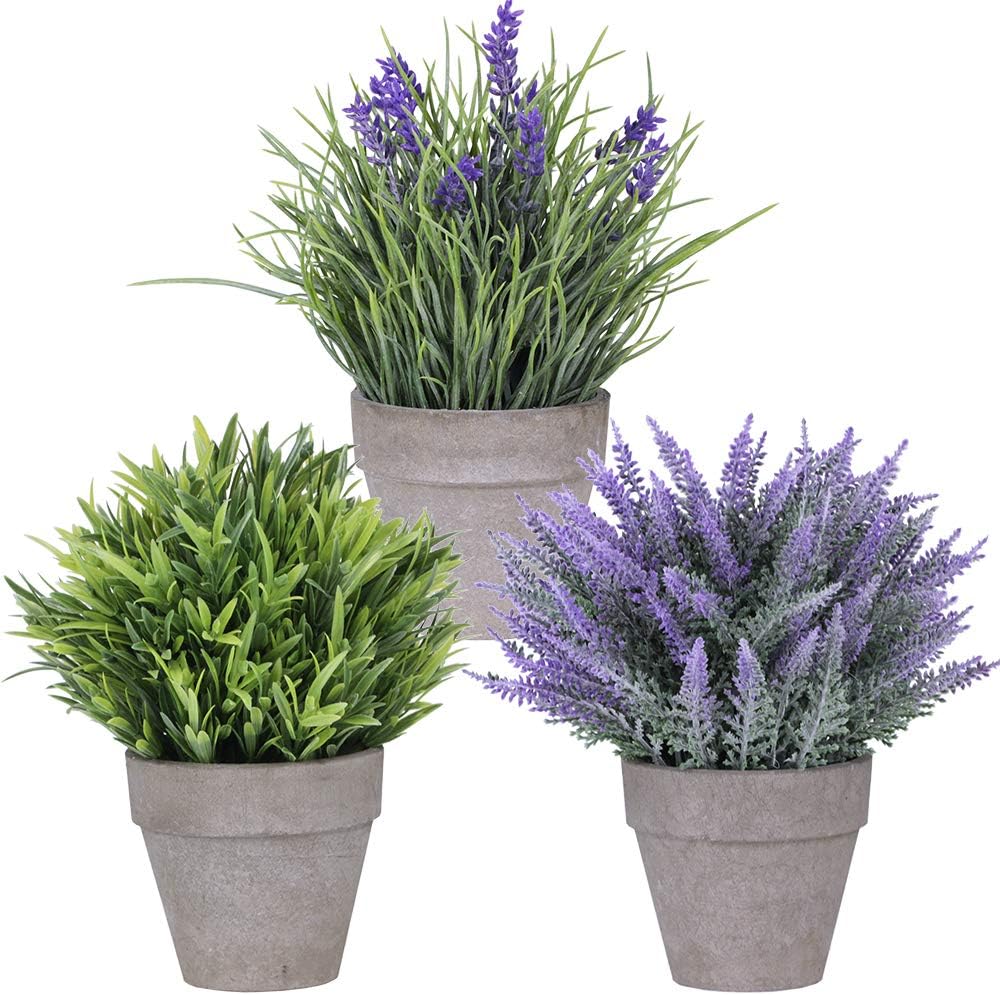 Set of 3 Artificial Lavender Flower Grass Arrangements in Pots Assorted Fake Mini Potted Plants for Farmhouse Kitchen Office Bathroom Table Centerpiece Rustic Country French Indoor Floral Decorations