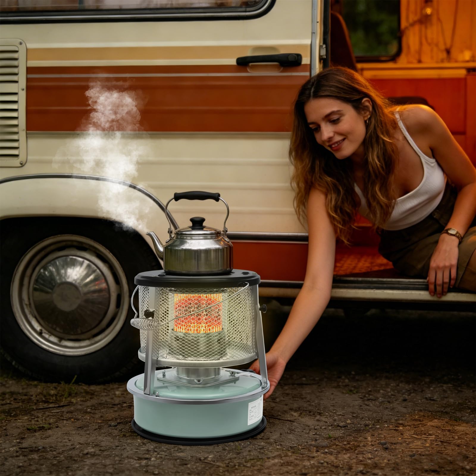 Tragbare Petroleumheizung Petroleum Ofen Heizung für außen und Camping Kerosinheizung, Mobile Heizung Ohne Strom für Innenräume mit 4,6L Tank, Laufzeit 15–17 Stunden, max. Heizleistung 9000 BTU, Grün