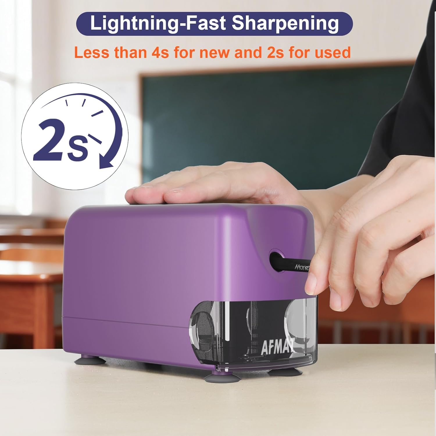 AFMAT Electric Pencil Sharpener Heavy Duty, Cordless & Rechargeable, Classroom Pencil Sharpener for 6-11mm No.2/Colored Pencils, Auto Stop, Fast Sharpen, Save Pencil, 10,000 Sharpenings, Purple, PSD3
