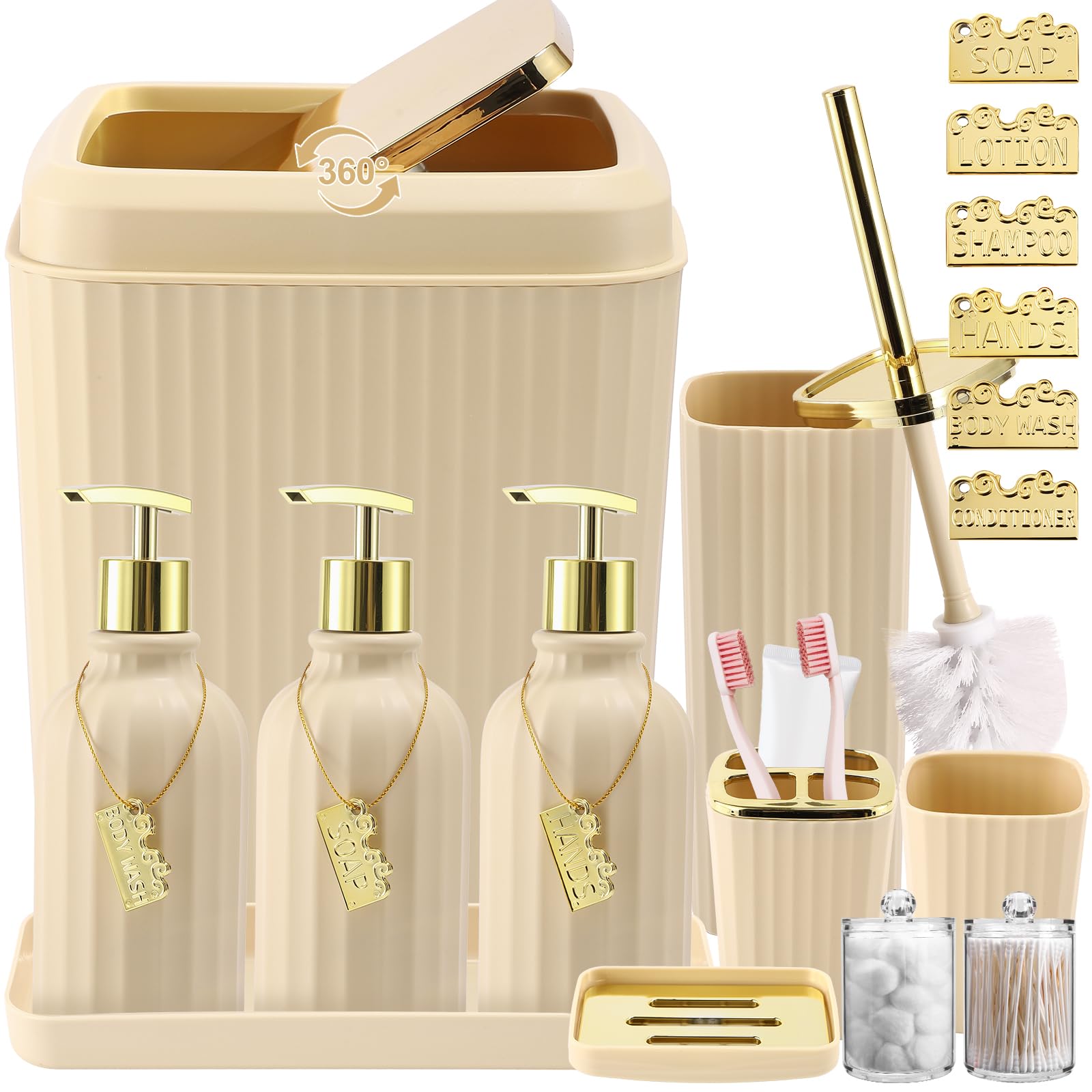 17PCS Bathroom Accessory Set in Beige with Toilet Brush, Trash Can and Soap Dispensers