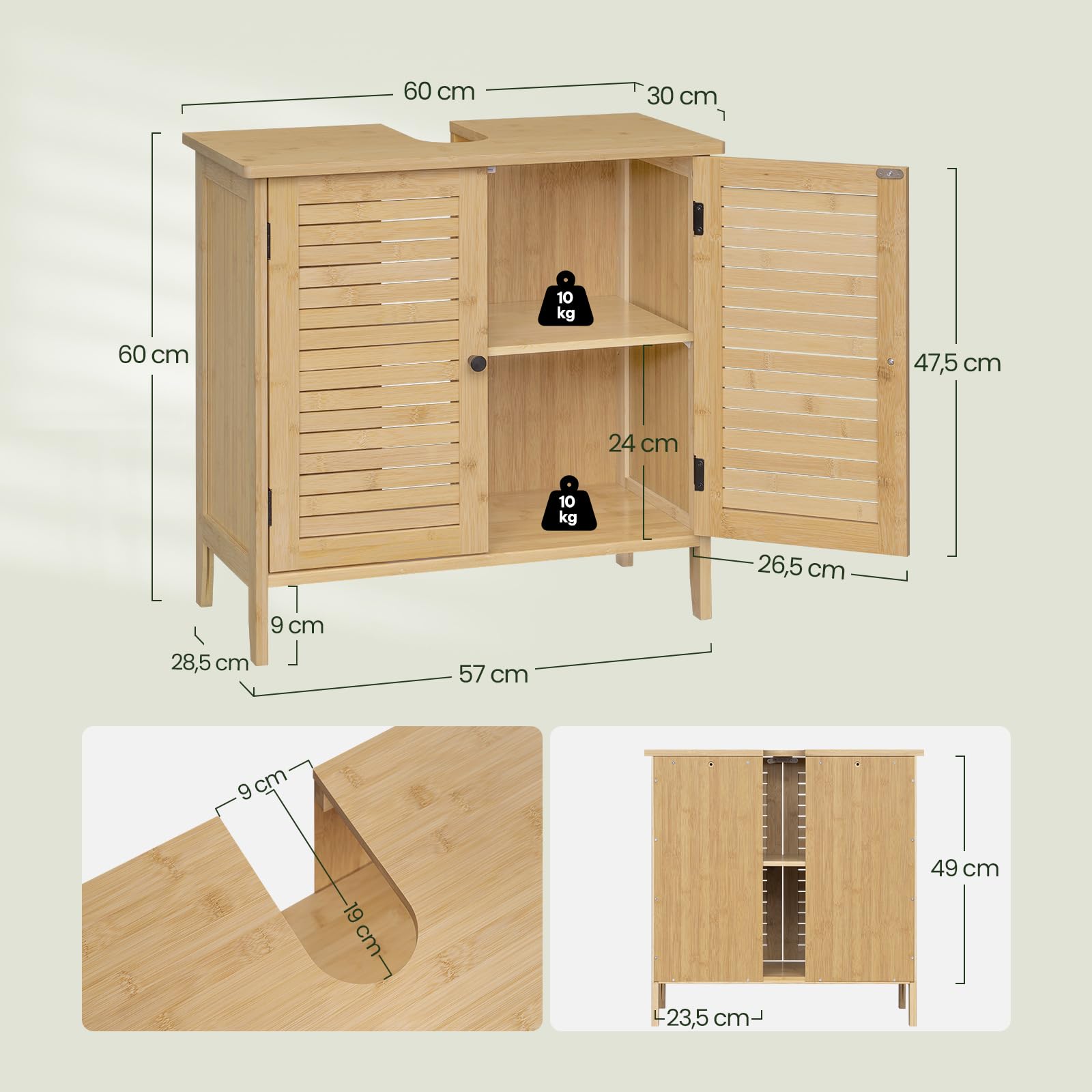 EUGAD Waschbeckenunterschrank Bambus, Badezimmer Unterschrank, 60 x 60 x 30 cm, Waschtischunterschrank mit 2 Lamellentüren 1 Verstellbare Ablage, Natur