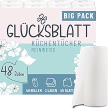 Glücksblatt Kitchen Towels, 48 Rolls of 45 Sheets, 3-Ply Kitchen Rolls, 100% Cellulose, Sustainable, Absorbent Household Rolls, All Purpose Towels, Paper Towels, Paper Towels, Kitchen Paper Towels