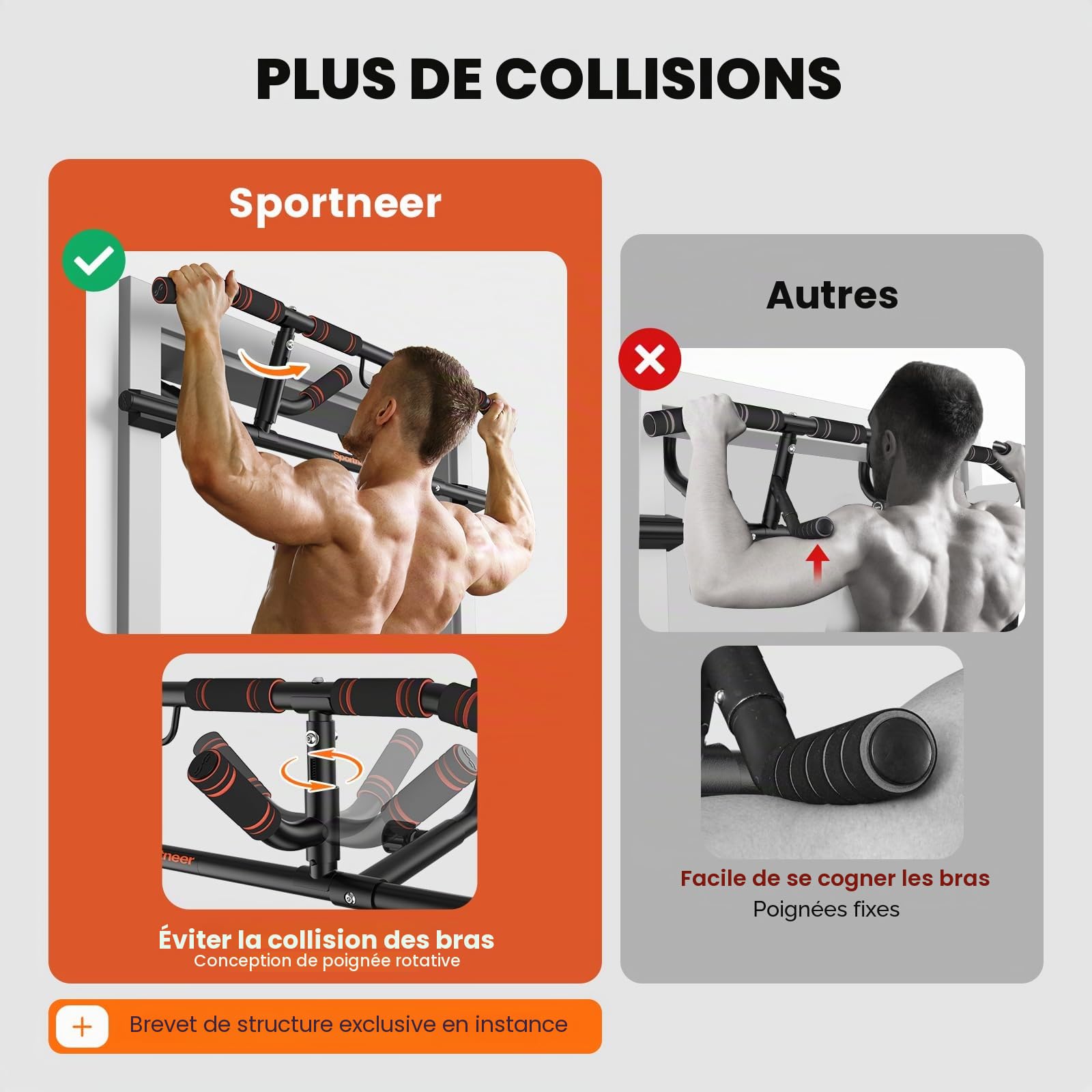 Barre de traction pour cadre de porte Sportneer avec poignée pliable - Barre de traction multi-poignées pour cadre de porte, capacité de charge 200 kg