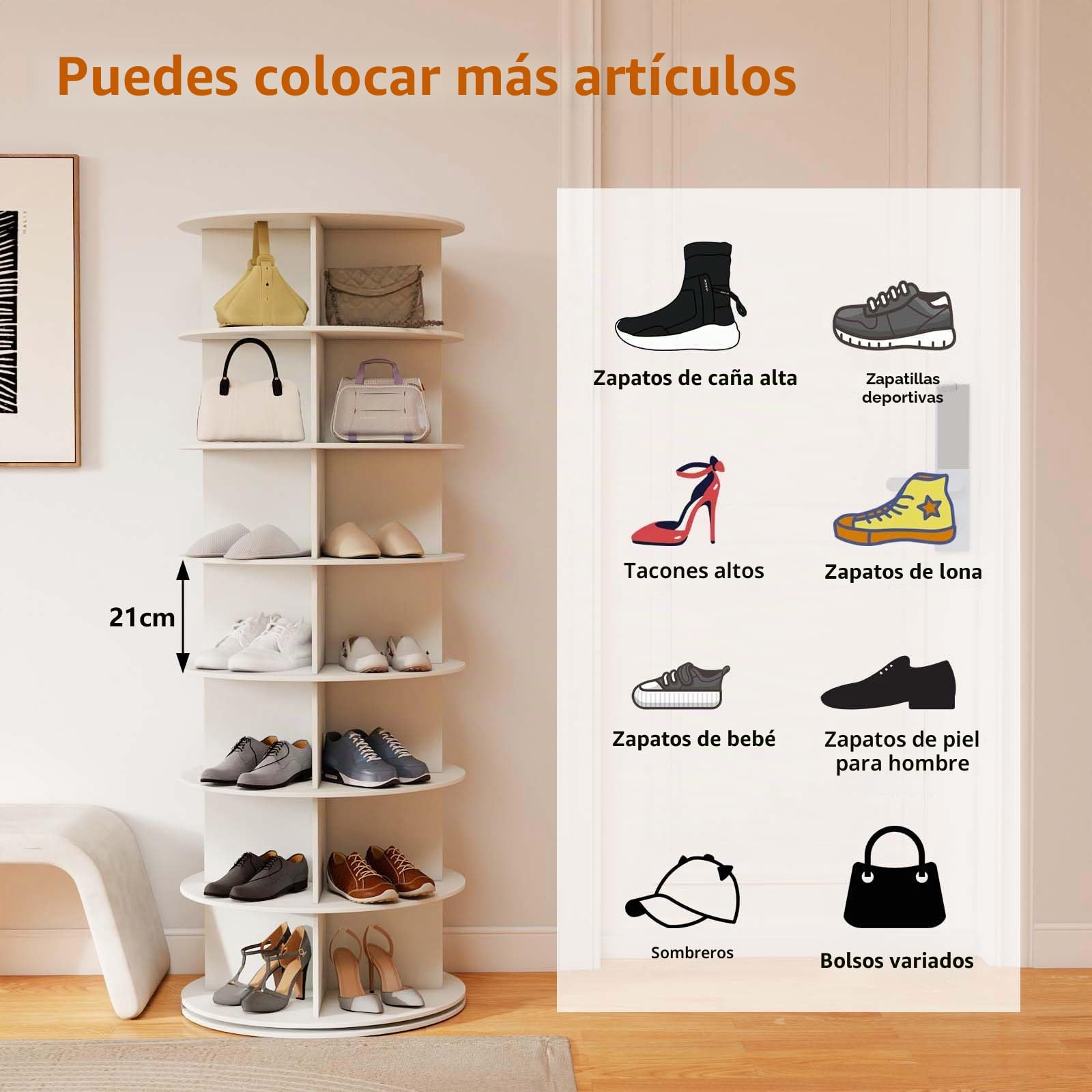 Zapatero Giratorio 7 Niveles, 360°Rotación, Vitrina Redonda de Gran Capacidad, Organizador Zapatos, Zapatero Interior Armario, Blanco, MDF, 160 x 59cm