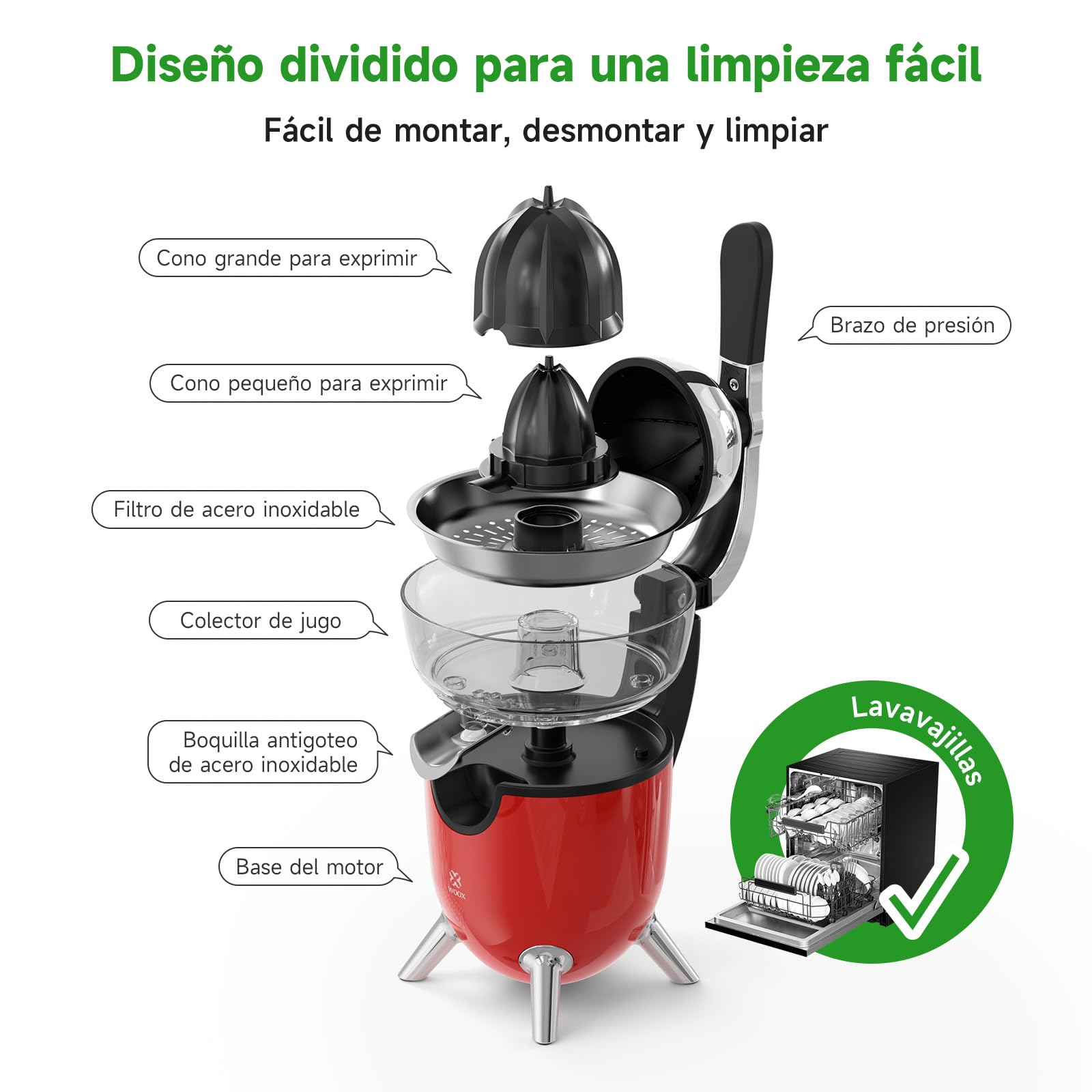 Woox Exprimidor de Naranjas Electrico, con Brazo de Palanca, 100W, Exprimidor Electrico Silencioso con 2 Conos para Limones y Pomelos, Boquilla Antigoteo, Sin BPA, Desmontable y Fácil de Limpiar