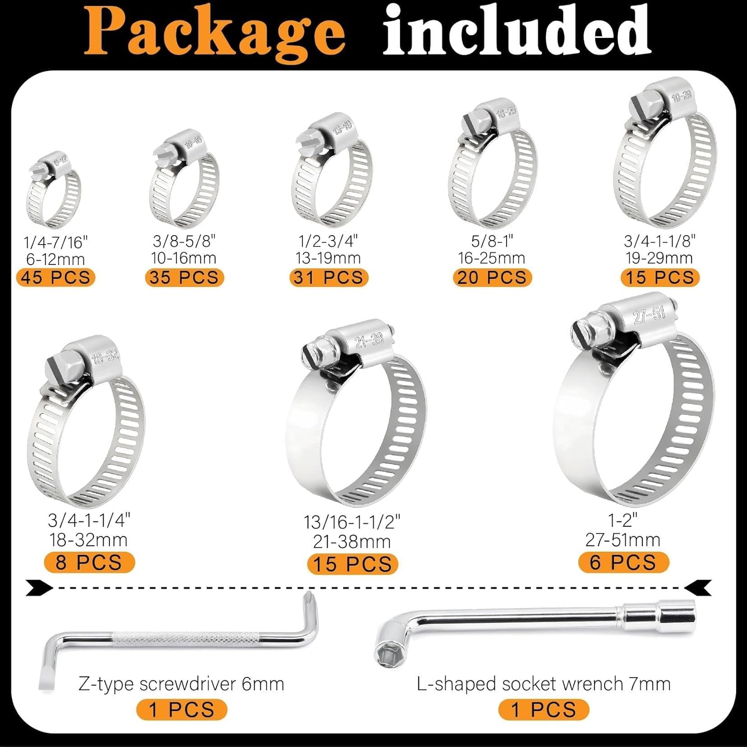 Hose Clamp Assortment 175 PCS 304 Stainless Steel Worm Gear Hose Repair Clamps Kit 6-51mm (1/4"-2") for Automotive,Fuel Line, Plumbing,Radiator, Marine and DIY