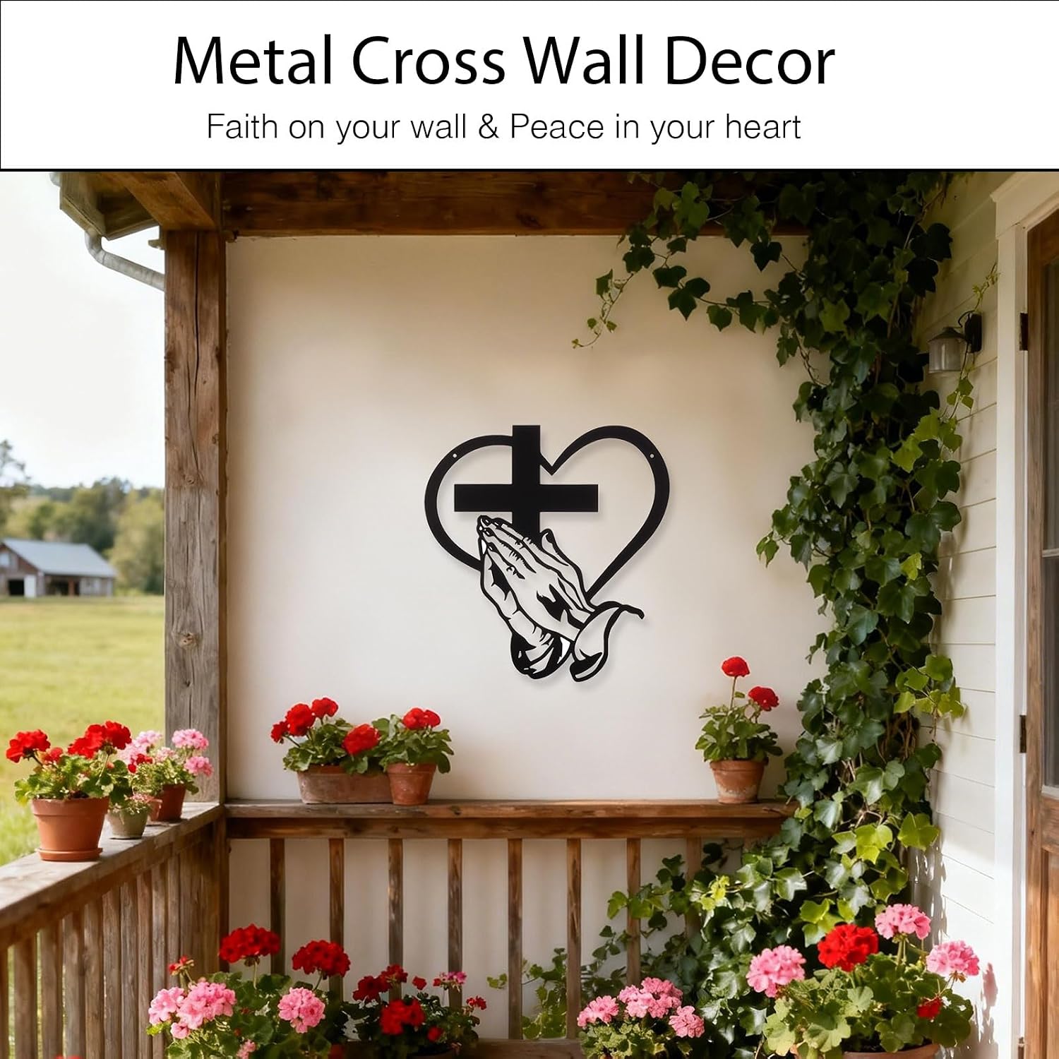 Bryasha Christian Cross Wall Decor & Metal Art with Sacred Heart & Praying Hands - Farmhouse for Home Office