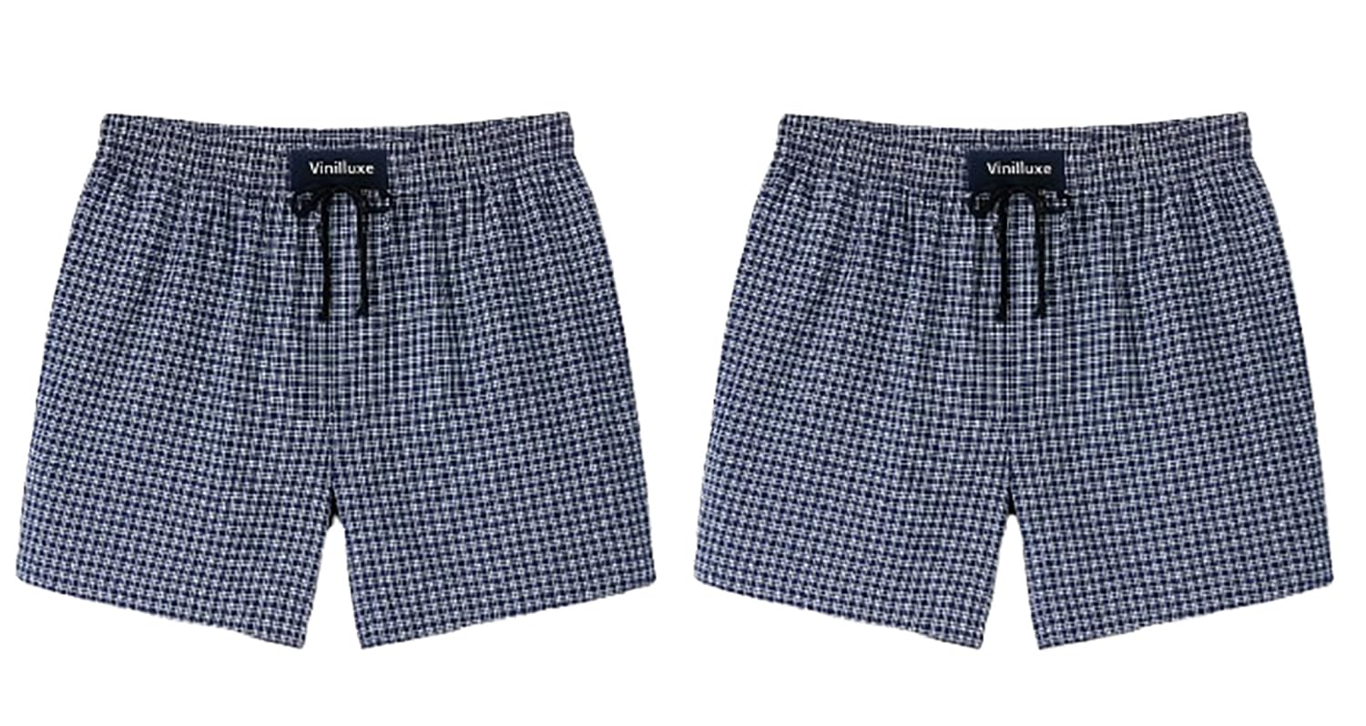 vinilluxe Combo of 2 Men's Cotton Plaid Boxer Shorts, Navy Blue and Black Check Pattern, Drawstring Waist with 2 Side Pockets-picture-33