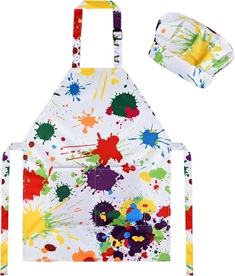 CHRORINE Kids Chef Apron and Chef Hat Set Girls Boys for Cooking Baking Art Painting Activity