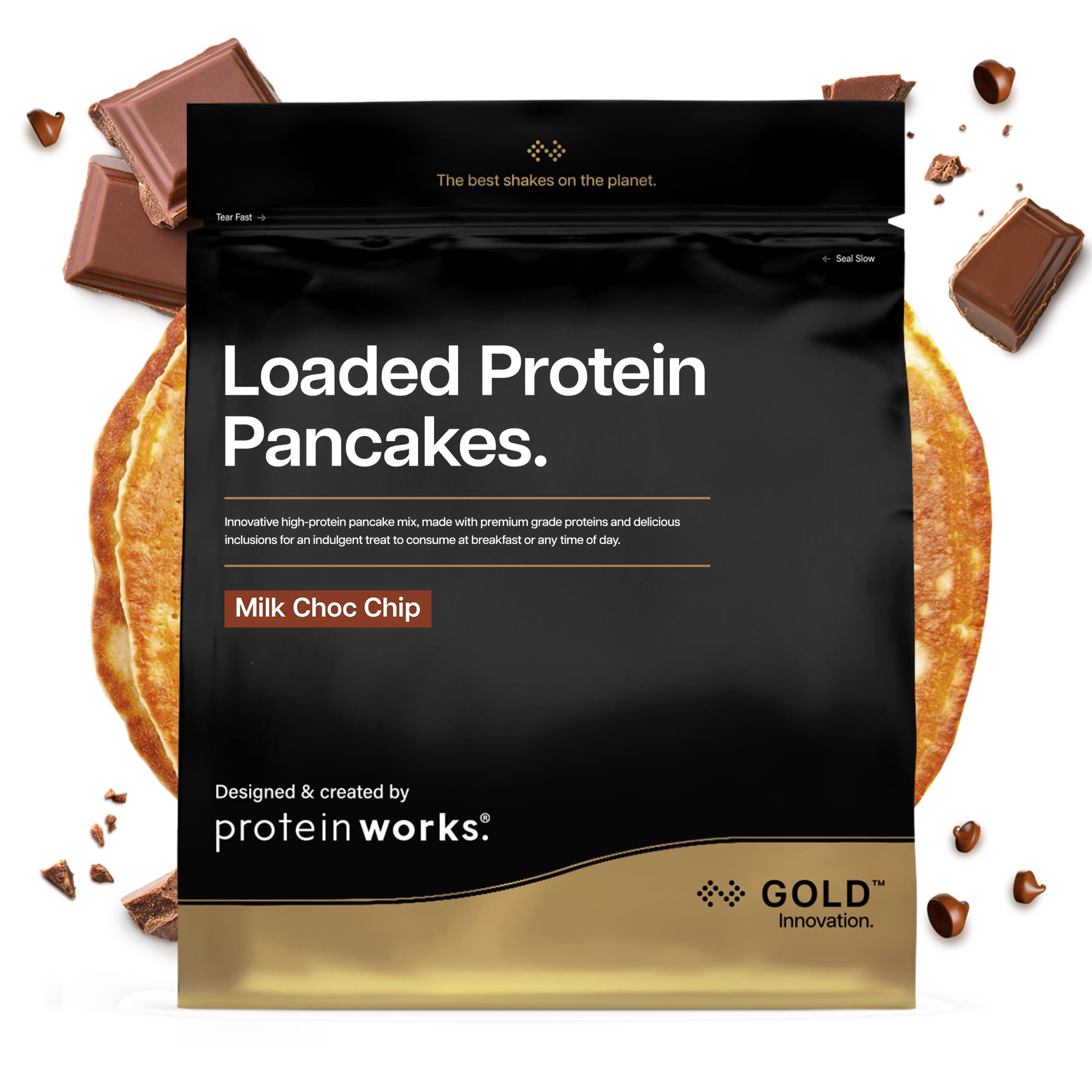 Protein Works | Loaded Protein Pancakes - GOLD Innovation, Premium Protein Pancake Mix, High Protein Breakfast, Low Sugar, Low Fat, Milk Choc Chip, 8 Servings, 500g