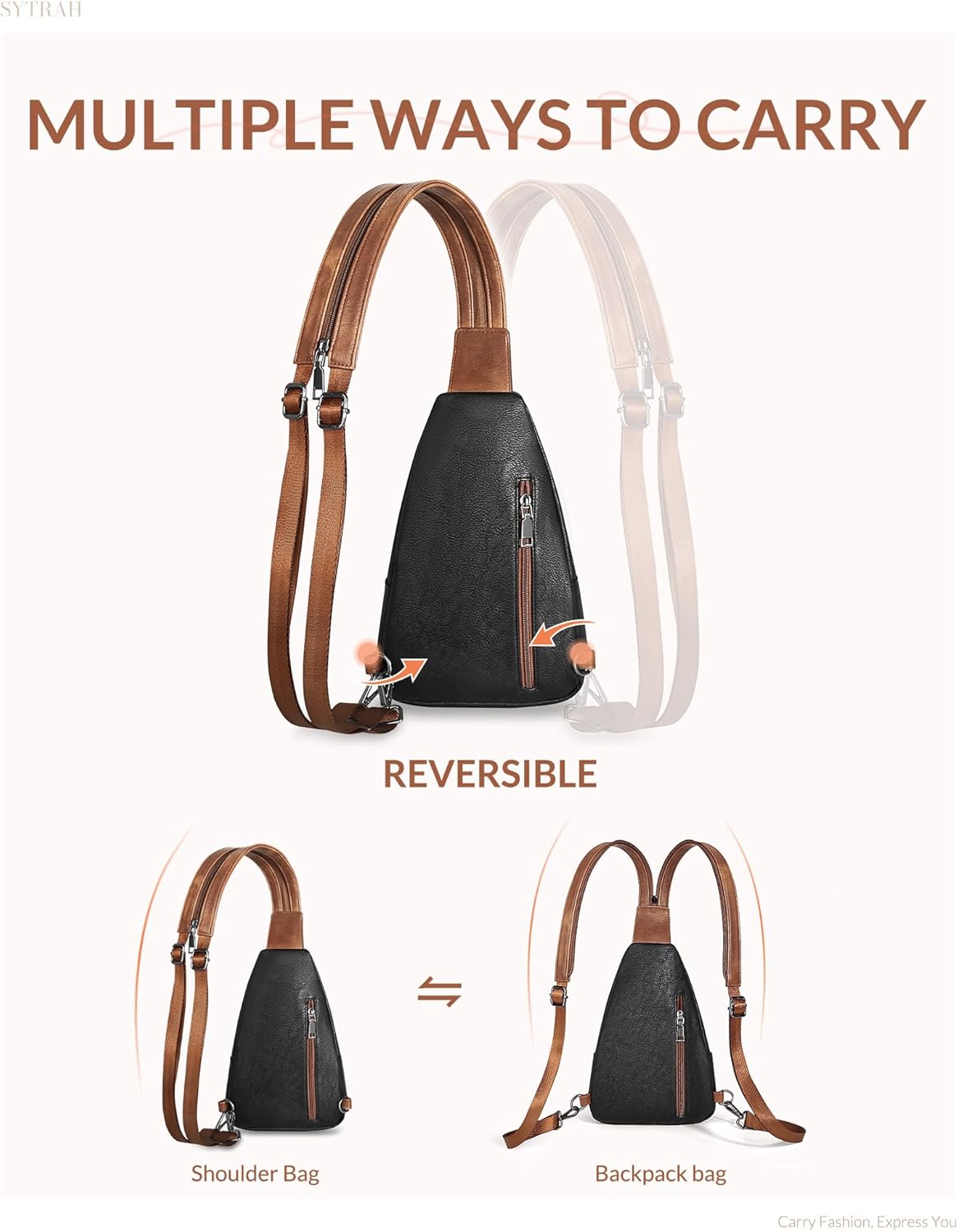 Sling Bag for Women, Crossbody Bags for Women Trendy Crossbody Purse Vegan Leather Sling Backpack Chest Bag with Dual Purpose Strap, Black Brown - Image 7