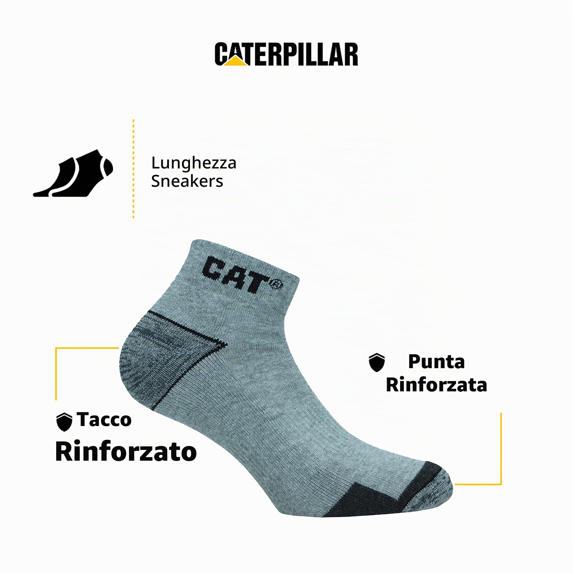 Caterpillar 12 Paia Calze Sneaker Lavoro - Punta Tallone Rinforzati - Supporto Arco Plantare - Cotone