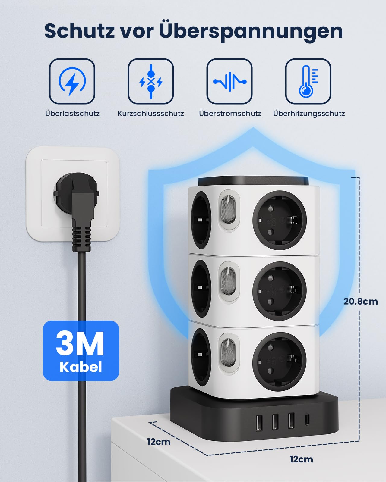 Mehrfachsteckdose mit 4 USB, Acodot 12 Fach Mehrfachsteckdose mit Schalter, Steckdosenleiste überspannungsschutz Tower mit 4 Mehrfachstecker,Originelles Design Nachtlicht und 3M Kabel 2500W für Büro