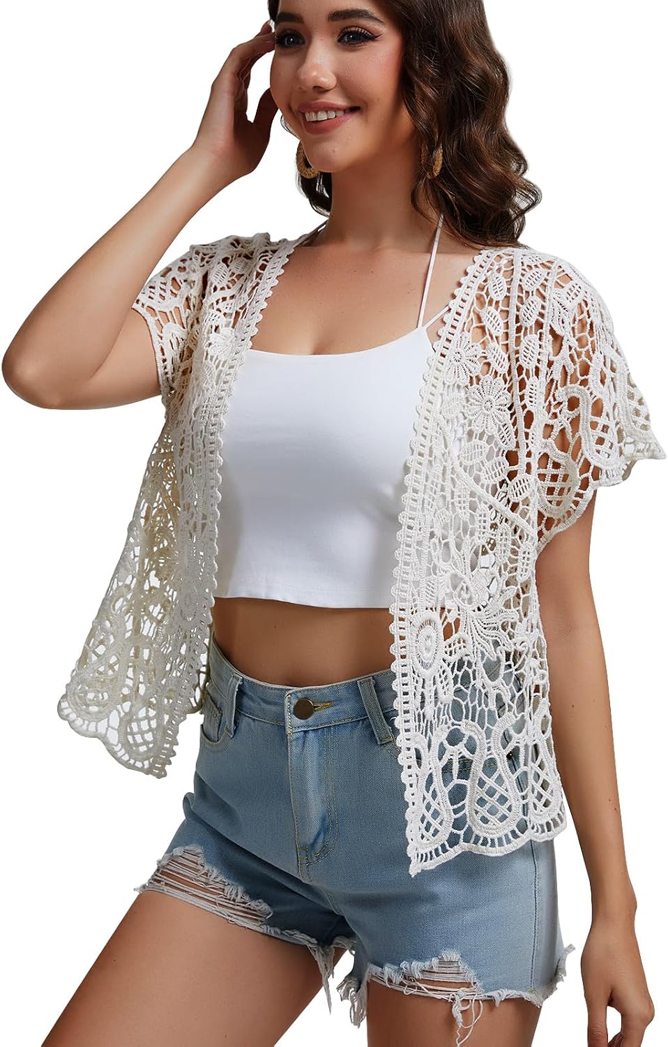 Women’s Short Sleeve Lace Shrugs Bolero Cardigan Crochet Sheer Crop Jacket