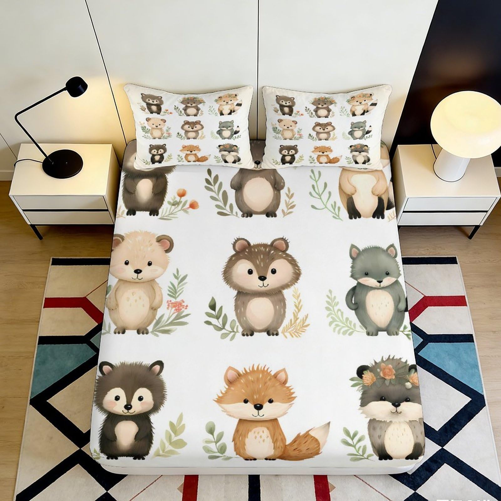 3D Printed Woodland Animals Fitted Sheet Microfiber Soft Breathable Forest Friends Mattress Cover for Bedroom Dorm Decor 180x200x25cm
