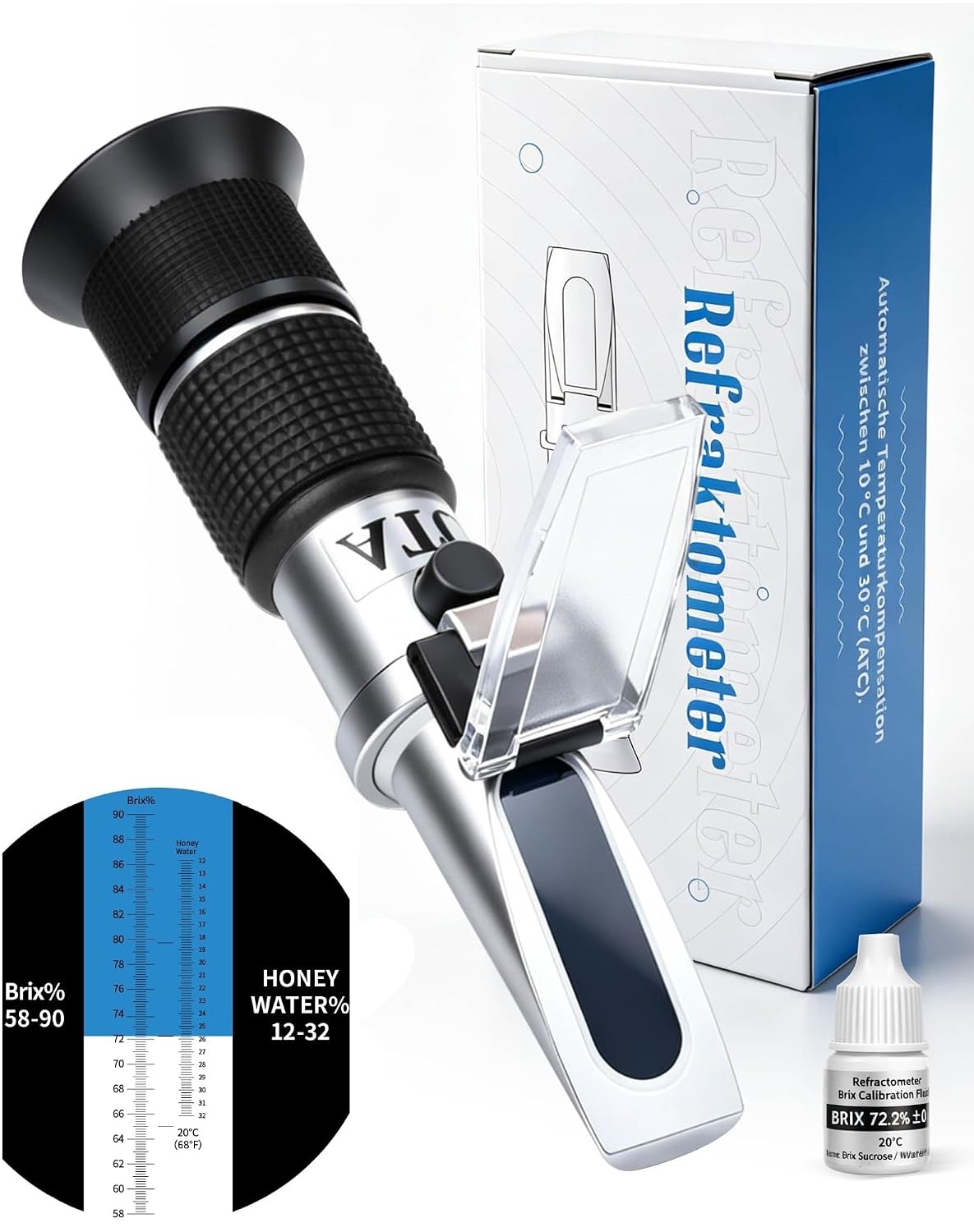 LAOYE Refraktometer Honig 2 in 1 Imker Refraktometer 12-32% Wassergehalt Honig 58-90% Brix Refraktometer für Honig Zuckersirup Fruchtmarmelade Melasse Honey Tester ATC Refractometer mit Kalibrierung