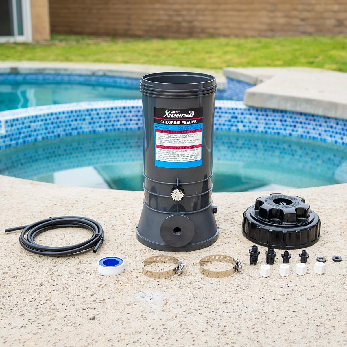XtremepowerUS Automatic Chlorinator Feeder for Above Ground Pools & In-Ground Swimming Pools Off-Line Chlorine Tablets Bromine Dispenser Holds 9LBS Includes Installation Kit