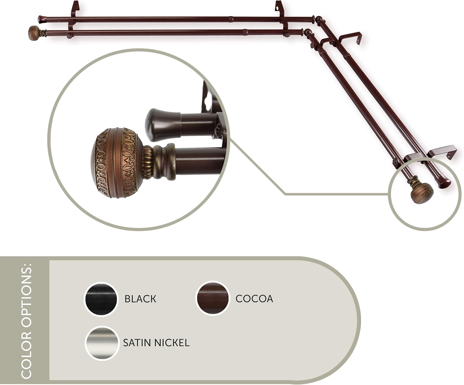 Rod Desyne 13/16" Ornament Corner Window Double Rod, 28-48 Inch, Cocoa