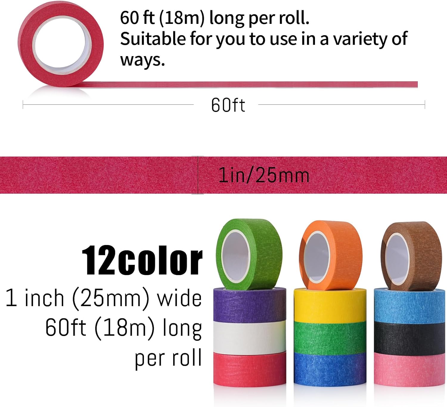 Leotart カラーマスキングテープ バラエティパック 12色 10ヤード&times;1インチ マルチカラーダクトテープ 楽しいDIYアート