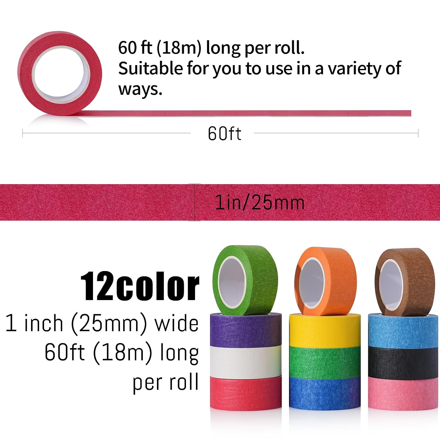 12 Rolls Colored Masking Tape, 720 Feet x 1 Inch Masking Tape,Vibrant Colorful Painters Tape, Graphic Artist Craft Tape Roll, Classroom Home Decorations