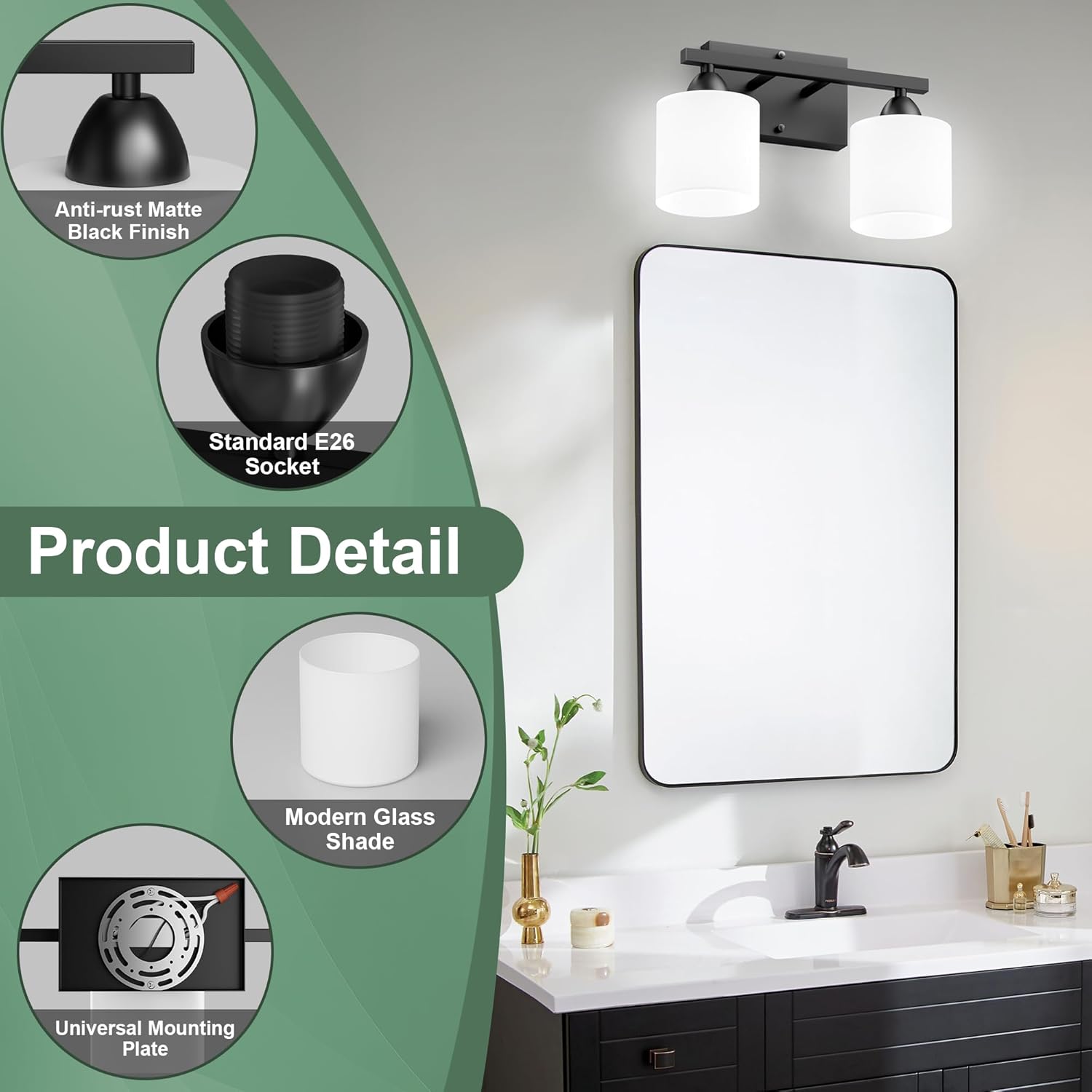 Black Bathroom Lights Over Mirror, Anti-rust Vanity Light Fixture for Bathroom, Modern 2-Light Wall Sconce Light for Living Room, Standard E26 Base, Milky White Glass Shades, Bulbs Not Included