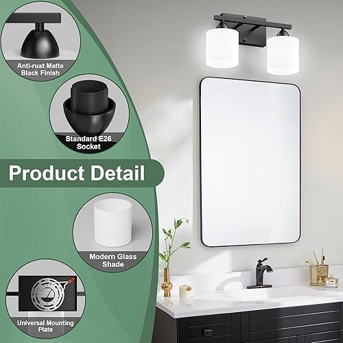 Miniatura 2 de Luces de baño negras sobre espejo, lámpara de tocador antioxidante para baño, lámpara de pared moderna de 2 luces para sala de estar, base E26