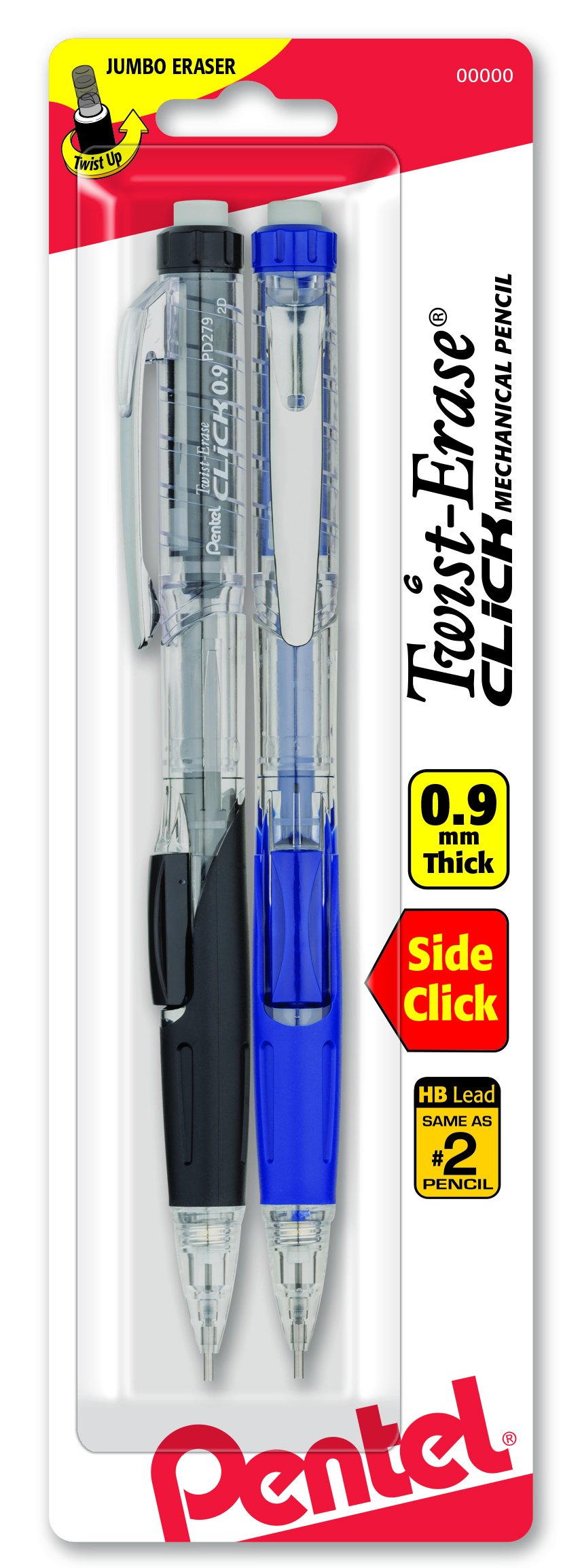 Pentel Büküm-Silme TIKLAYIN Mekanik Kalem, 0.9mm Şeffaf Namlu, 2'li Paket (PD279TBP2M)