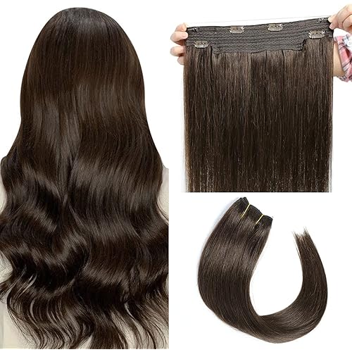 Coolpop Halo Hair Extensions Real Human Hair Dark Brown 16" 2.8OZ Hairpieces for Women Invisible Wire Fish Line Hair Extensions Straight Human Filp Hair Extensions