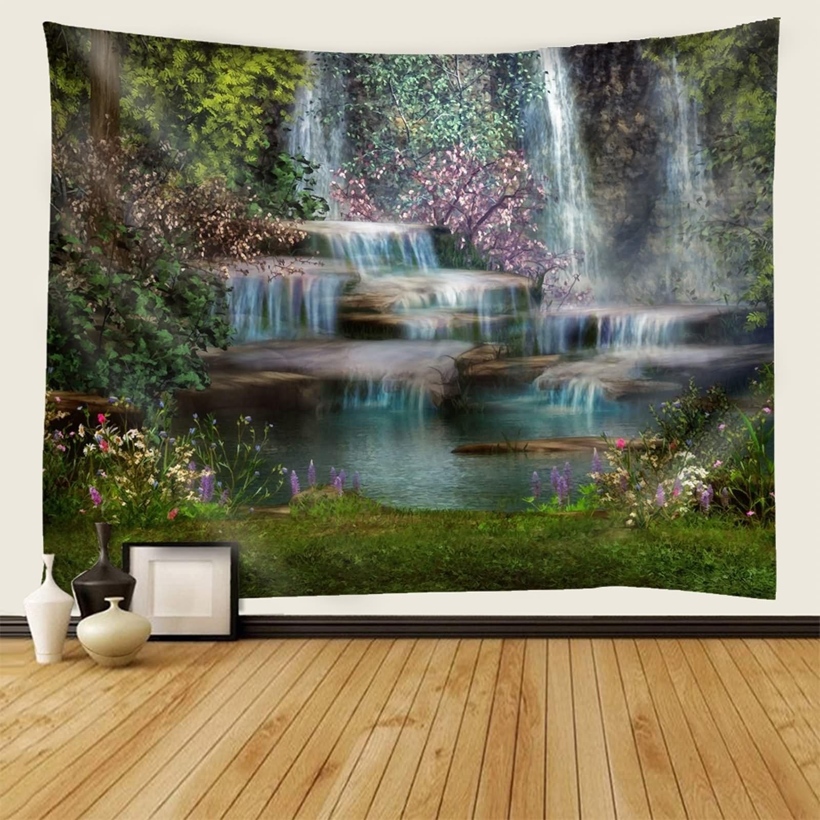 Aotiwe Dekoracja ścienna do pokoju, dywan ścienny w stylu boho, długie drzewa i wodospad, zielono-brązowy, 240 x 220 cm, dekoracja ścienna