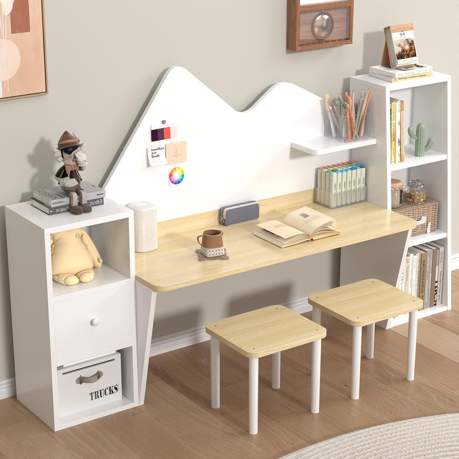 Wooden Kids Study Desk with Bookshelves and 2 Stools,Kids Desk and Chair Set with Drawer and 5 Storage Cabinets for Ages 3-8,Boys & Girls Study Desk for Bedroom and Kidsroom