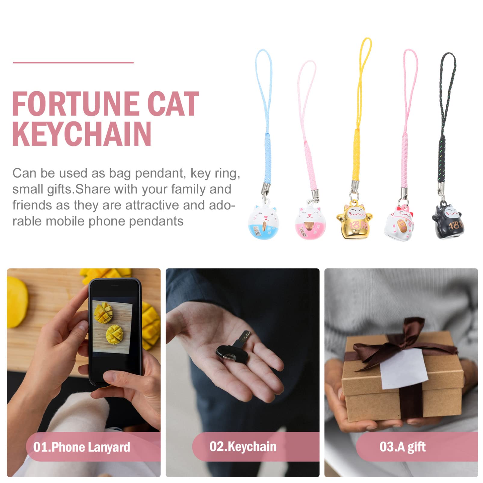 TOYANDONA Maneki Neko Lot de 5 breloques pour téléphone portable en forme de chat porte-bonheur en cuivre
